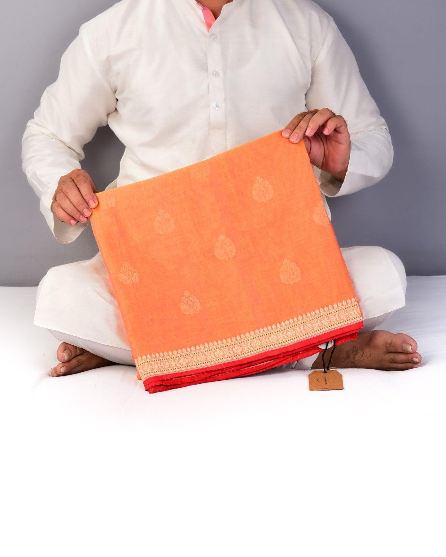 Sunny Orange Banarasi Buti Ektara Cutwork Brocade Handwoven Cotton Saree - By HolyWeaves, Benares