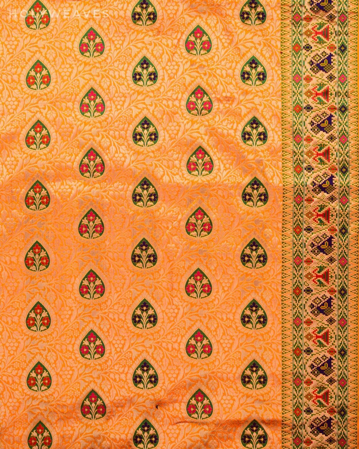 Sunny Orange Banarasi Patola Tehra Meena Cutwork Brocade Handwoven Katan Silk Saree - By HolyWeaves, Benares