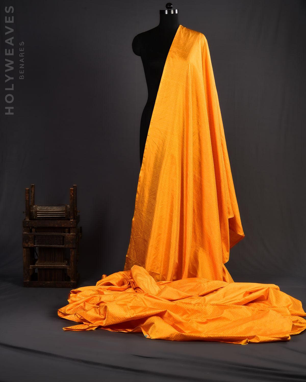 Sunny Orange Banarasi Zari Buti Tanchoi Brocade Handwoven Katan Silk Fabric - By HolyWeaves, Benares