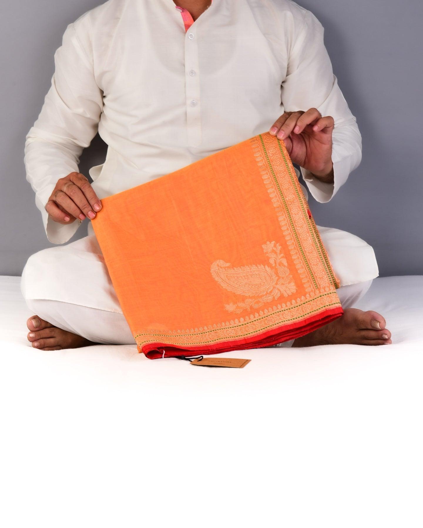 Sunny Orange Handwoven Banarasi Kadhuan Brocade Handloom Cotton Saree - By HolyWeaves, Benares