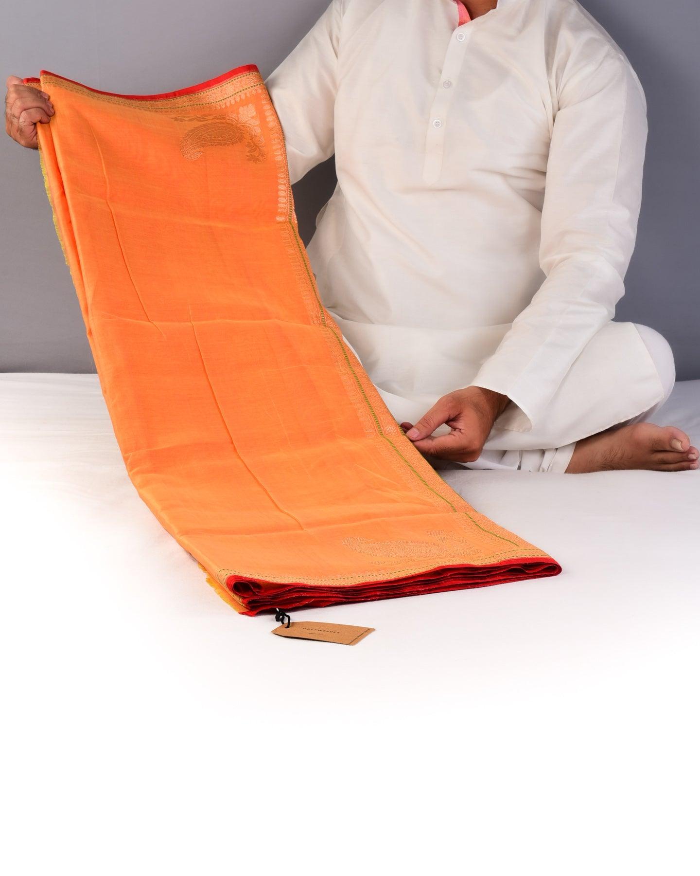 Sunny Orange Handwoven Banarasi Kadhuan Brocade Handloom Cotton Saree - By HolyWeaves, Benares