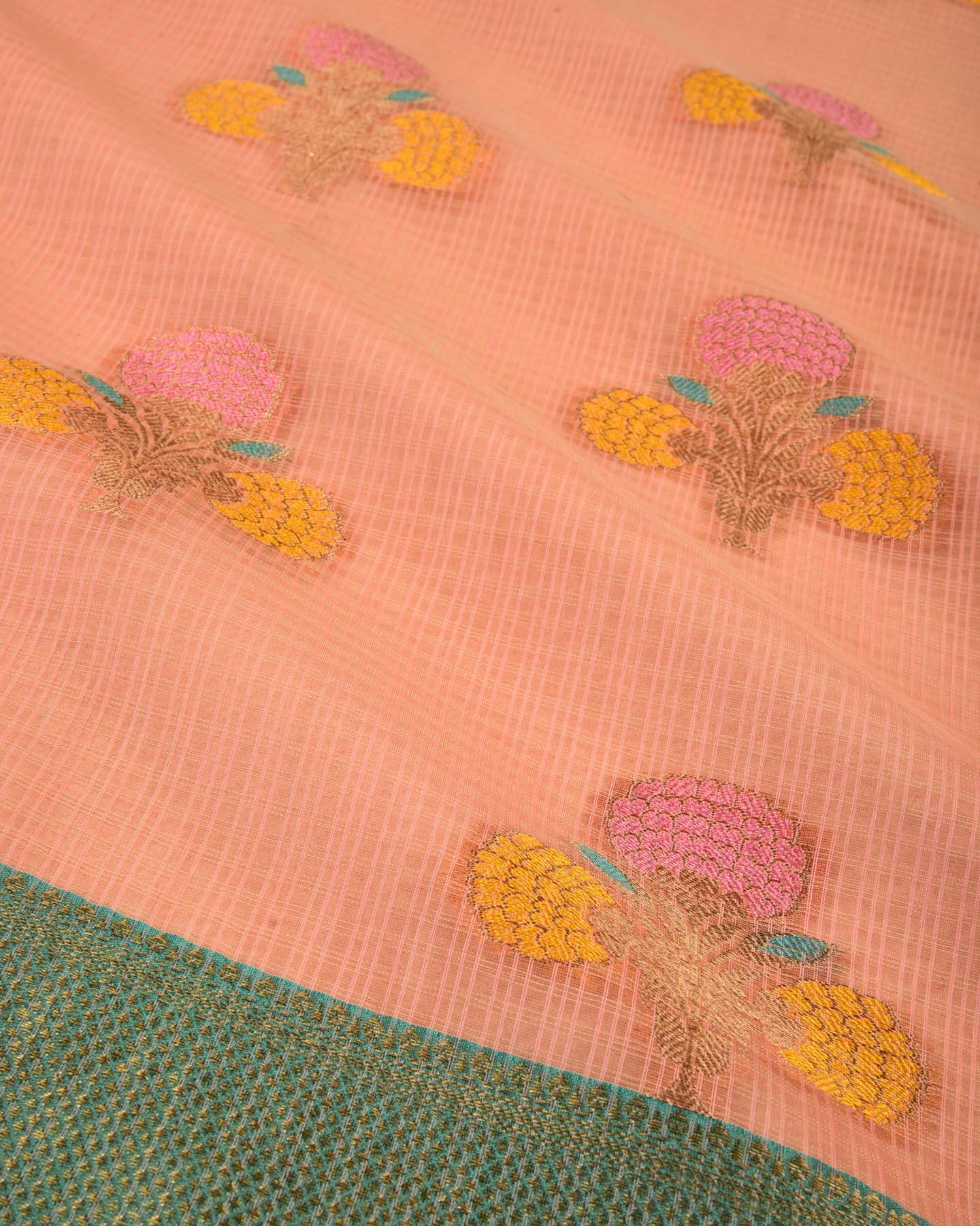 Sunny Peach Banarasi Check Texture 3-Color Weave Cutwork Brocade Woven Cotton Silk Saree - By HolyWeaves, Benares