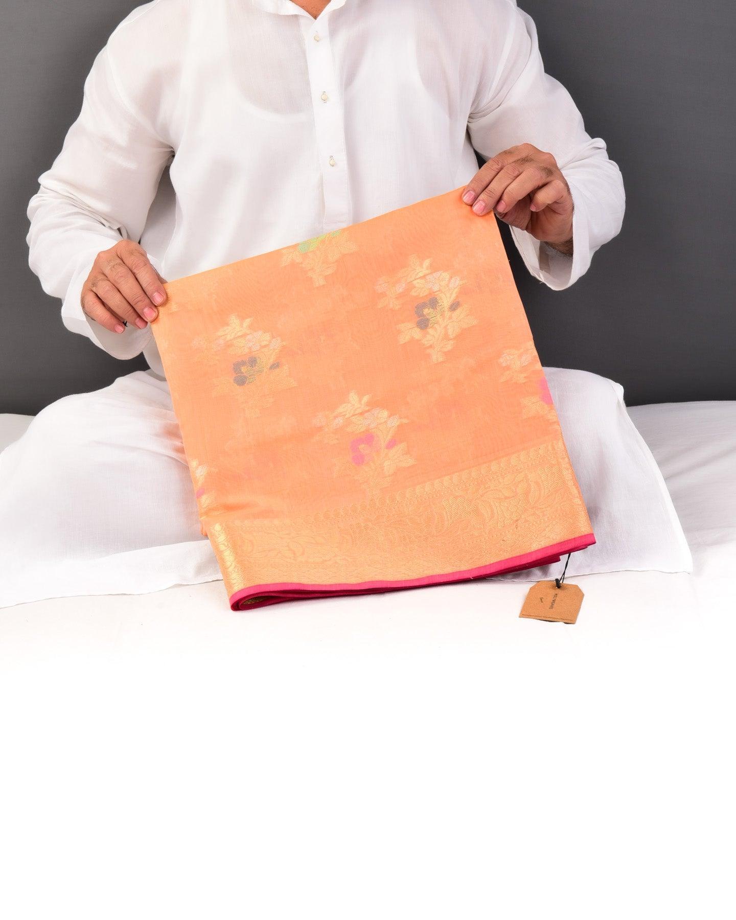 Sunny Peach Banarasi Gold Silver and Color Resham Buta Cutwork Brocade Woven Cotton Silk Saree - By HolyWeaves, Benares