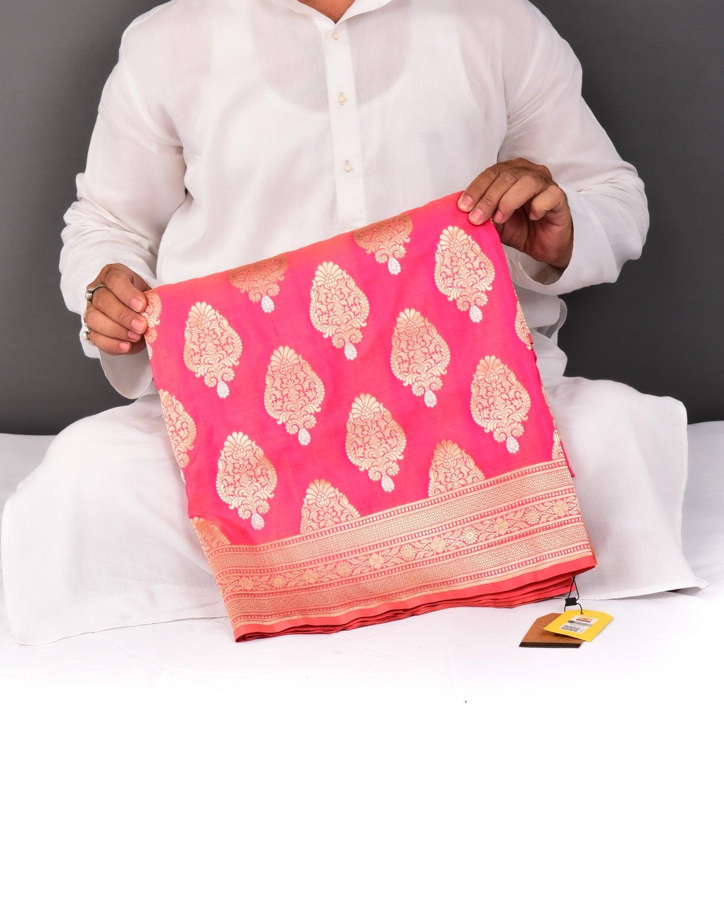 Sunny Pink Banarasi Alfi Sona Rupa Buta Cutwork Brocade Handwoven Katan Silk Saree - By HolyWeaves, Benares