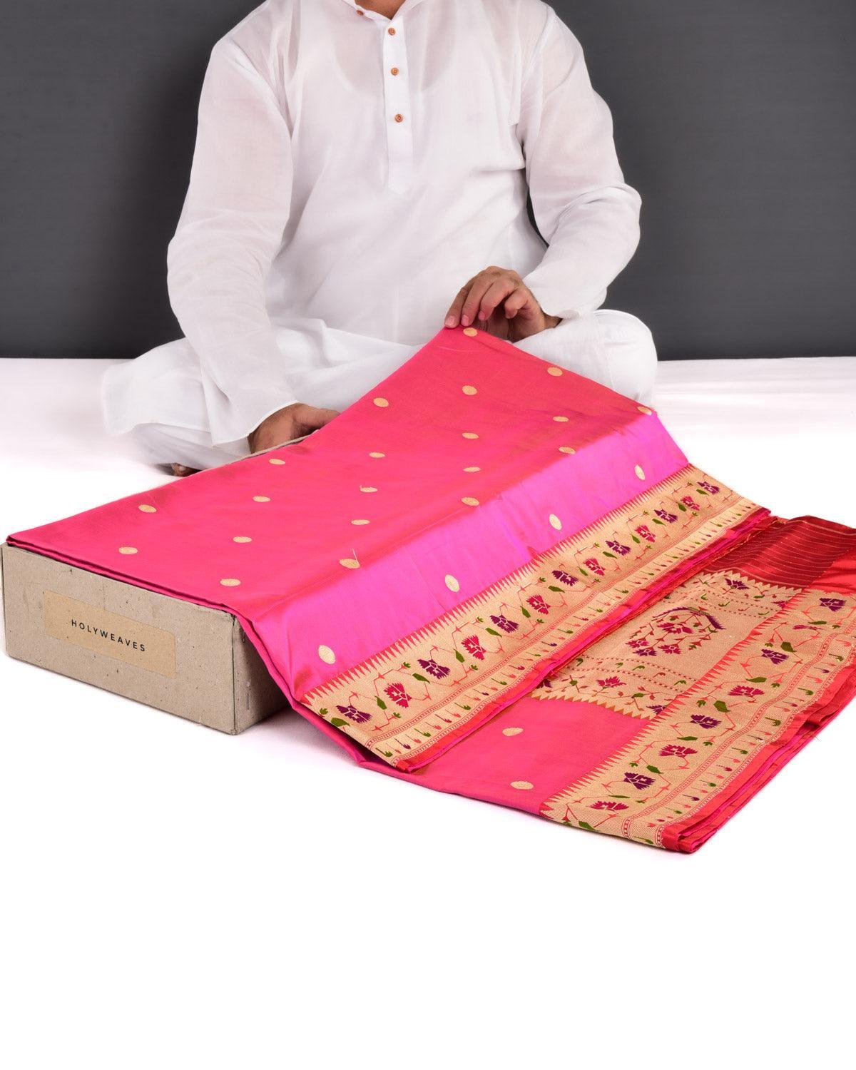 Sunny Pink Banarasi Asharfi Buti With Paithani Border Kadhuan Brocade Handwoven Katan Silk Saree - By HolyWeaves, Benares