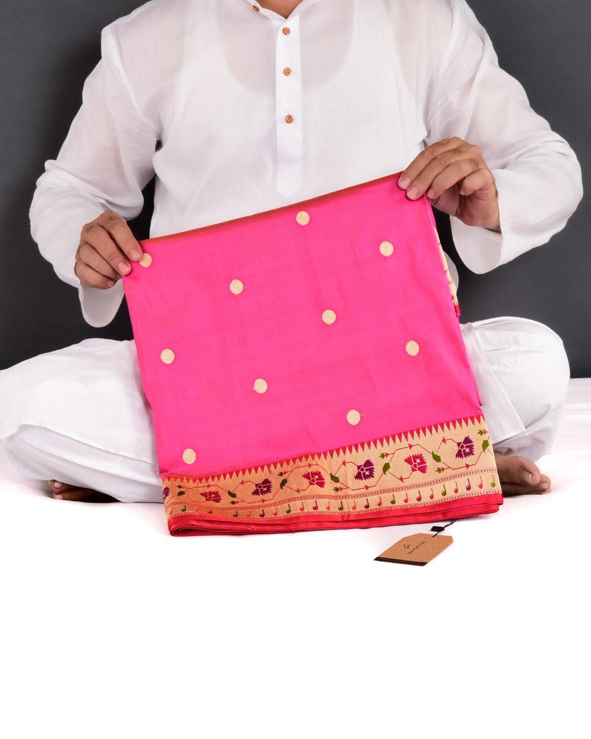 Sunny Pink Banarasi Asharfi Buti With Paithani Border Kadhuan Brocade Handwoven Katan Silk Saree - By HolyWeaves, Benares