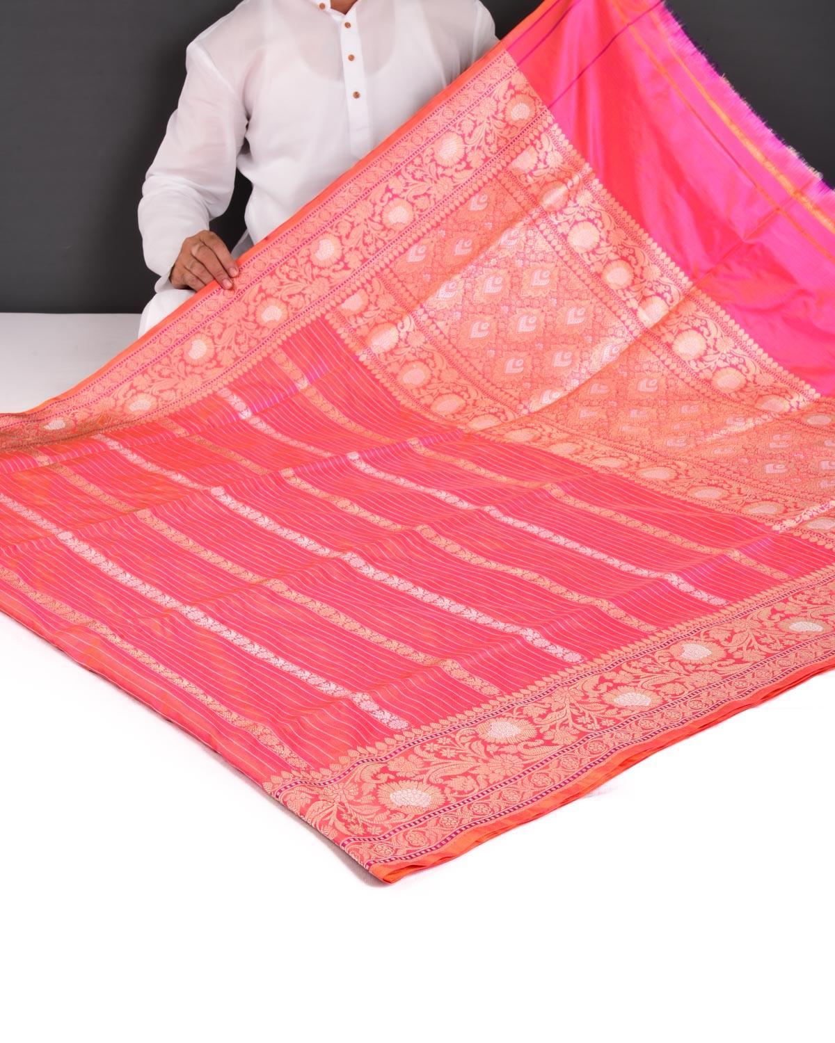 Sunny Pink Banarasi Gold & Silver Zari Ornament Stripes Kadhuan Brocade Handwoven Katan Silk Saree - By HolyWeaves, Benares