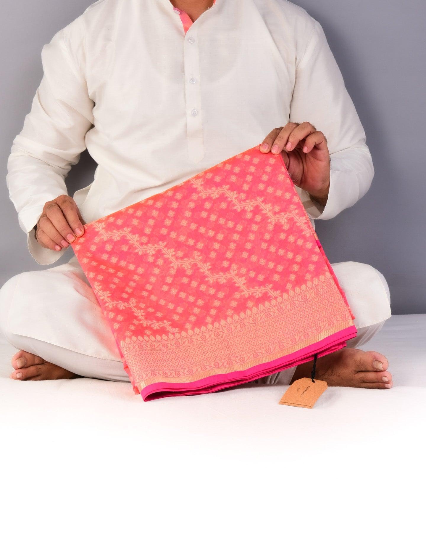 Sunny Pink Banarasi Resham Leheriya Buti Cutwork Brocade Woven Cotton Silk Saree - By HolyWeaves, Benares
