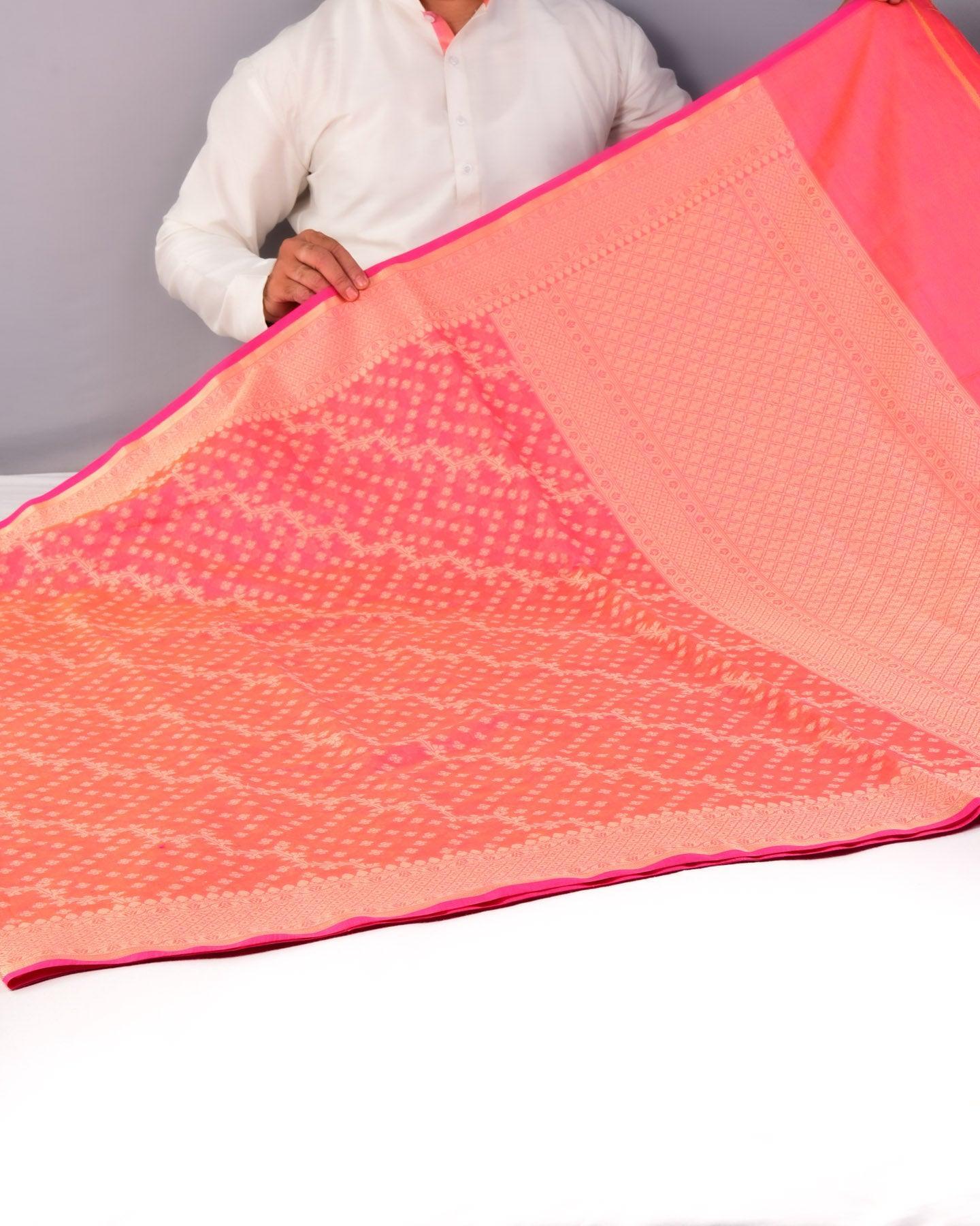 Sunny Pink Banarasi Resham Leheriya Buti Cutwork Brocade Woven Cotton Silk Saree - By HolyWeaves, Benares