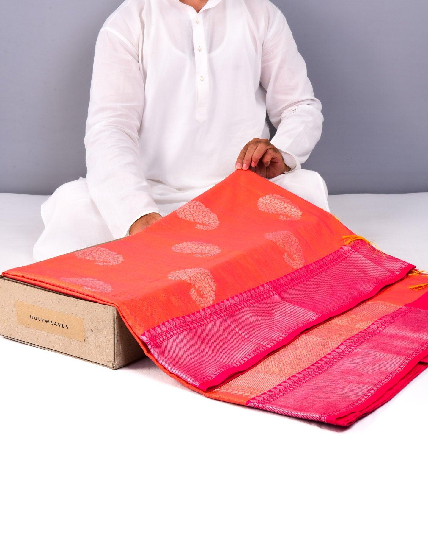 Sunny Pink Banarasi Silver Paisley Buta Cutwork Brocade Woven Art Cotton Silk Saree - By HolyWeaves, Benares