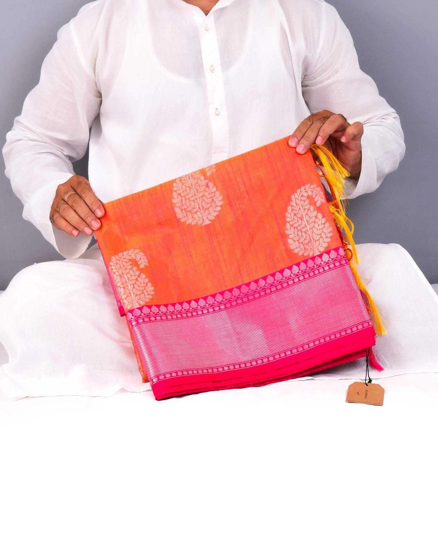 Sunny Pink Banarasi Silver Paisley Buta Cutwork Brocade Woven Art Cotton Silk Saree - By HolyWeaves, Benares