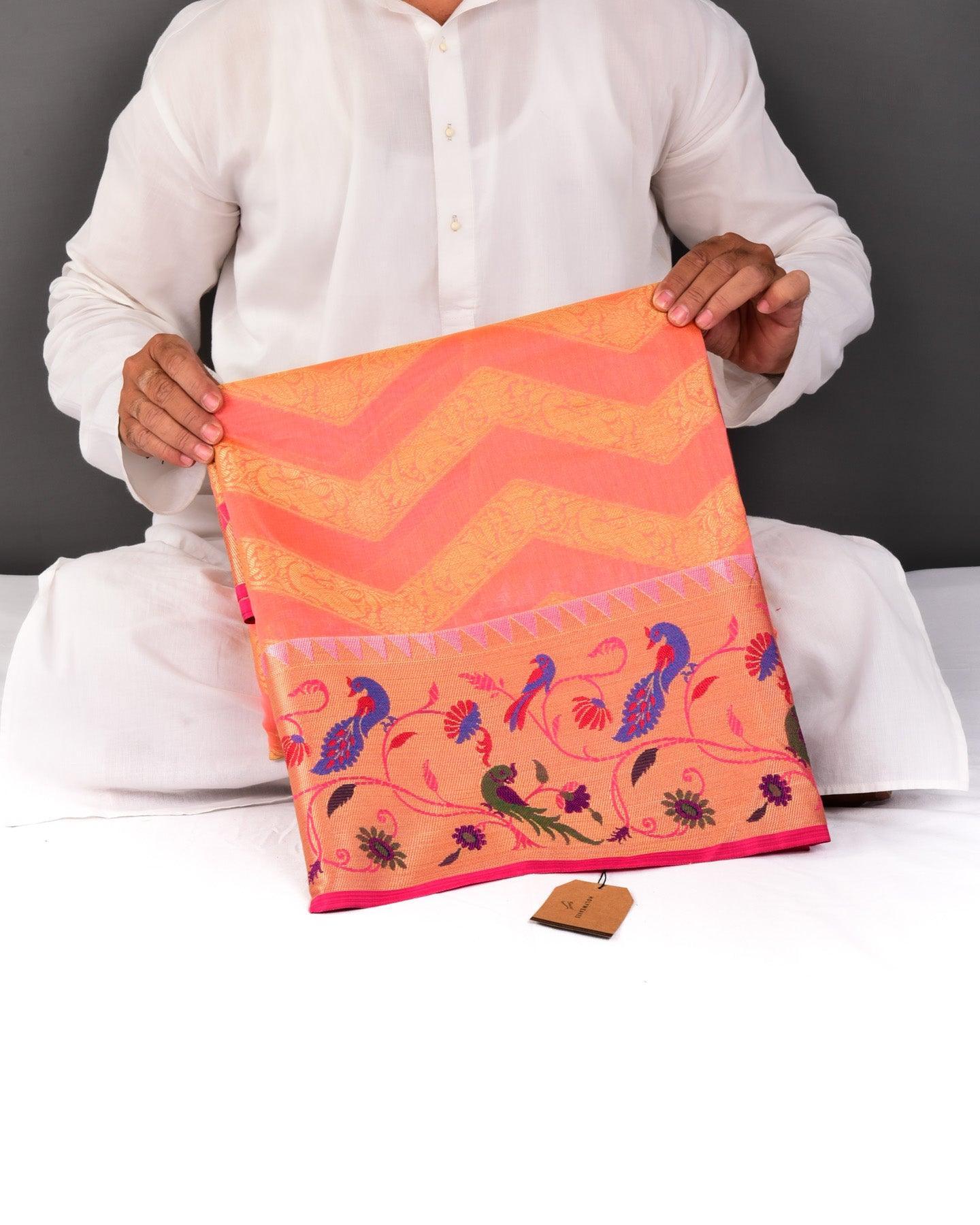 Sunny Pink Banarasi Soft Gold Zari Chevron Cutwork Brocade Woven Cotton Silk Saree with Paithani Border - By HolyWeaves, Benares