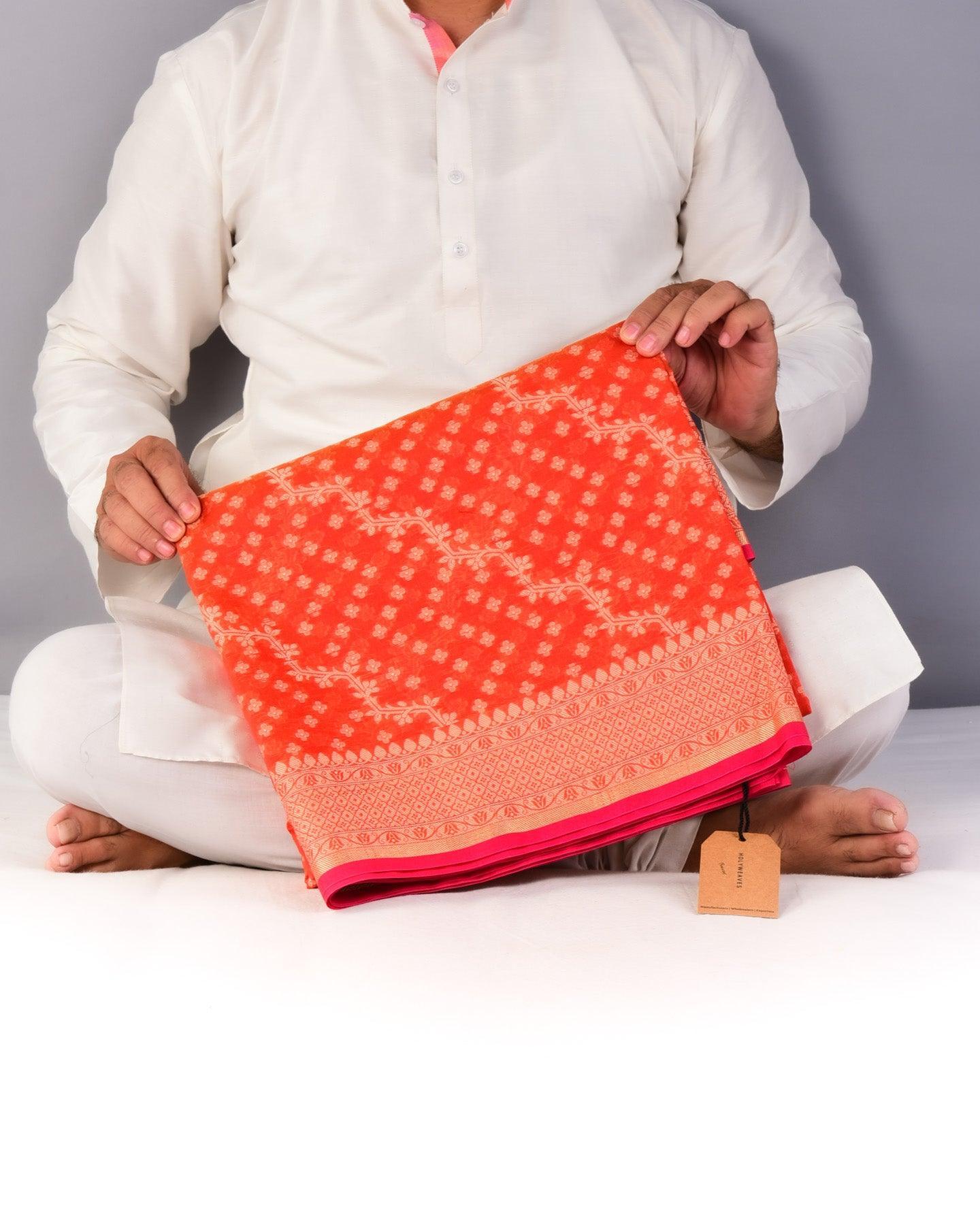 Sunny Red Banarasi Resham Leheriya Buti Cutwork Brocade Woven Cotton Silk Saree - By HolyWeaves, Benares