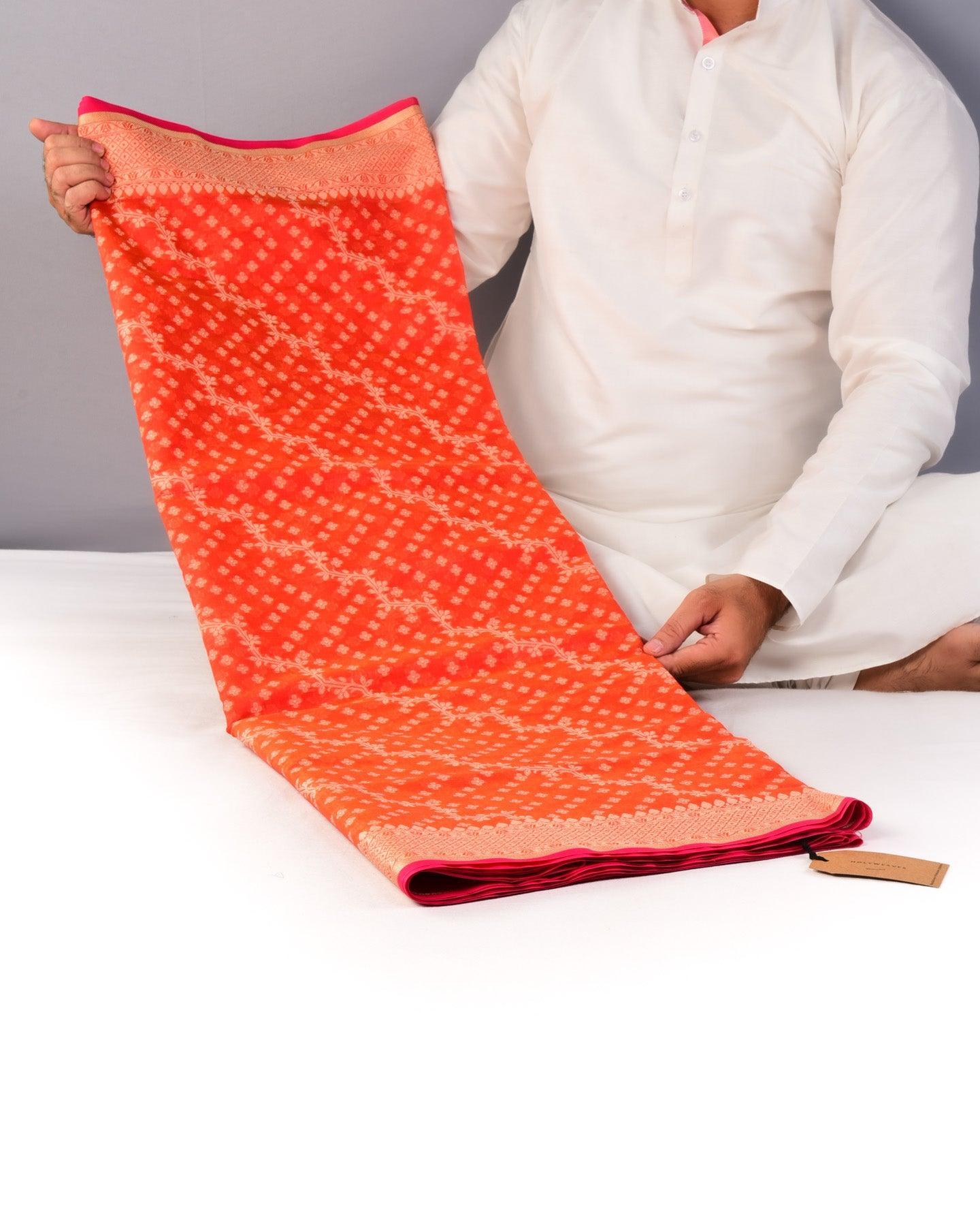 Sunny Red Banarasi Resham Leheriya Buti Cutwork Brocade Woven Cotton Silk Saree - By HolyWeaves, Benares