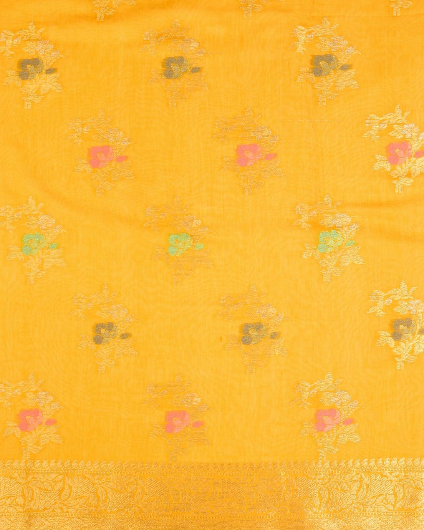 Sunny Yellow Banarasi Gold Silver and Color Resham Buta Cutwork Brocade Woven Cotton Silk Saree - By HolyWeaves, Benares