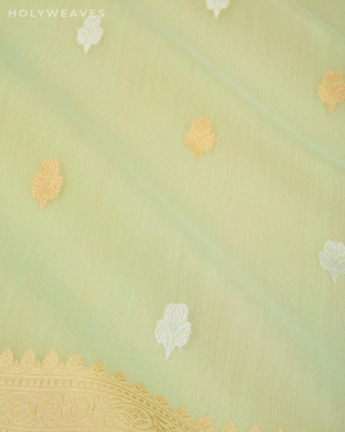 Tea Green Banarasi Gold & Silver Buti Kadhuan Brocade Handwoven Cotton Silk Saree - By HolyWeaves, Benares
