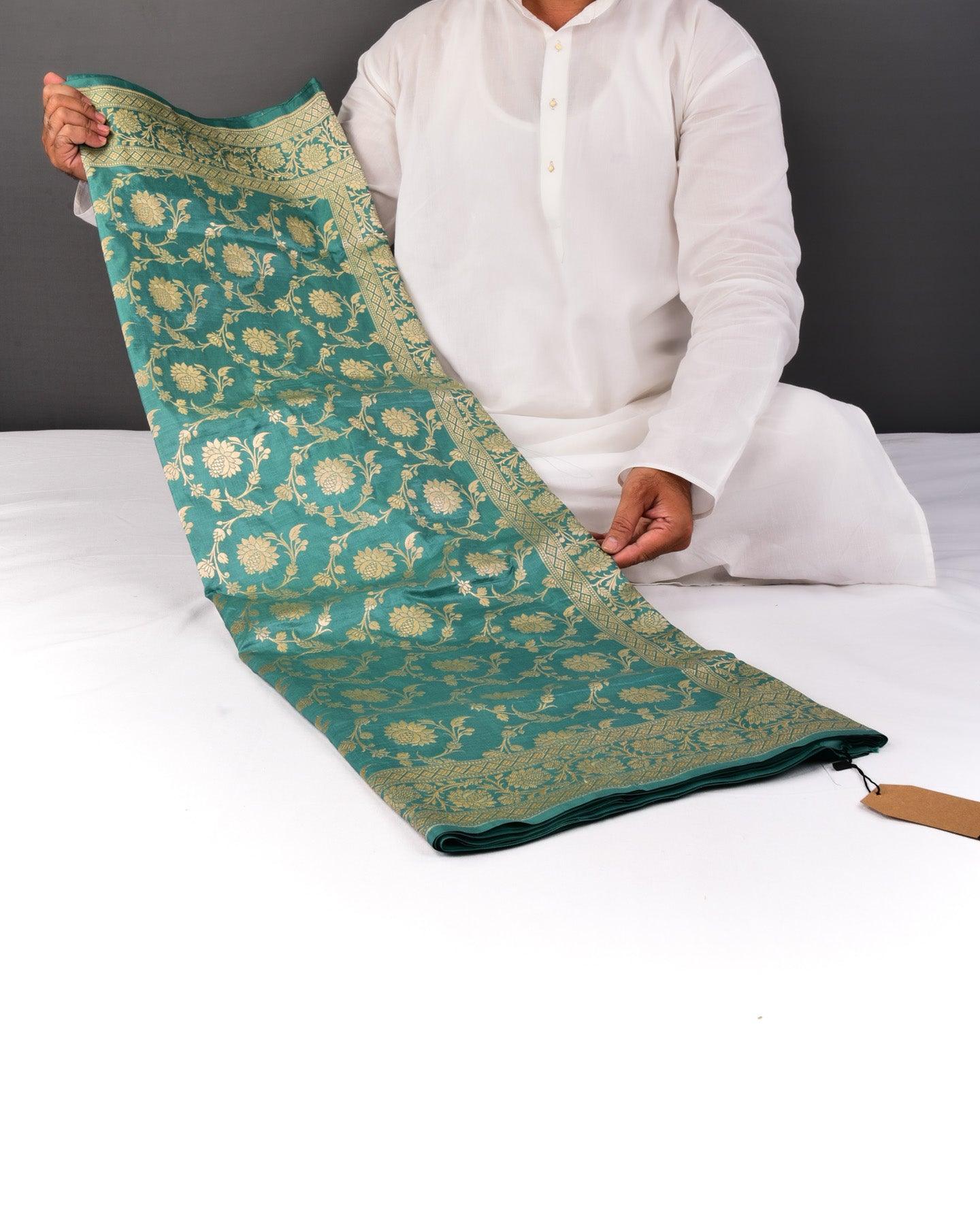 Teal Blue Banarasi Gold Zari Jaal Cutwork Brocade Handwoven Katan Silk Saree - By HolyWeaves, Benares