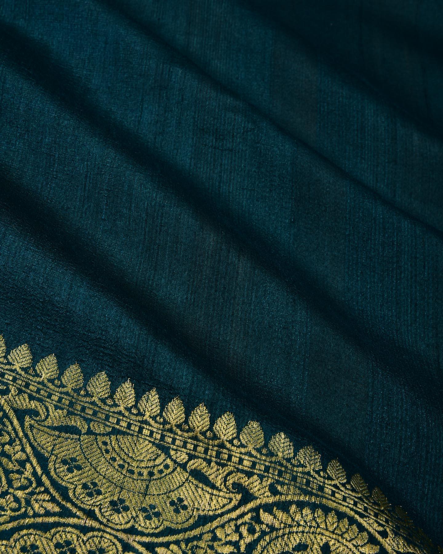 Teal Blue Banarasi Kadhuan Brocade Handwoven Tasar Silk Saree - By HolyWeaves, Benares