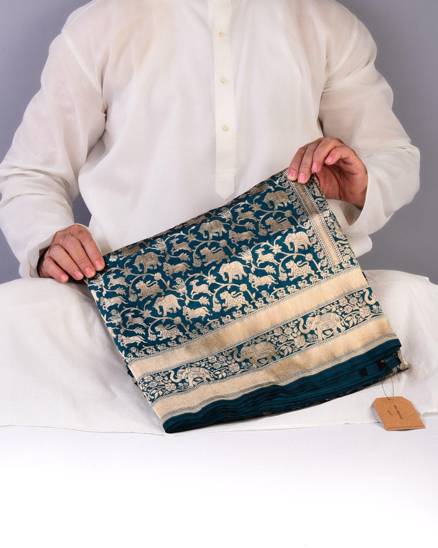 Teal Blue Banarasi Shikargah Cutwork Brocade Handwoven Katan Silk Saree - By HolyWeaves, Benares