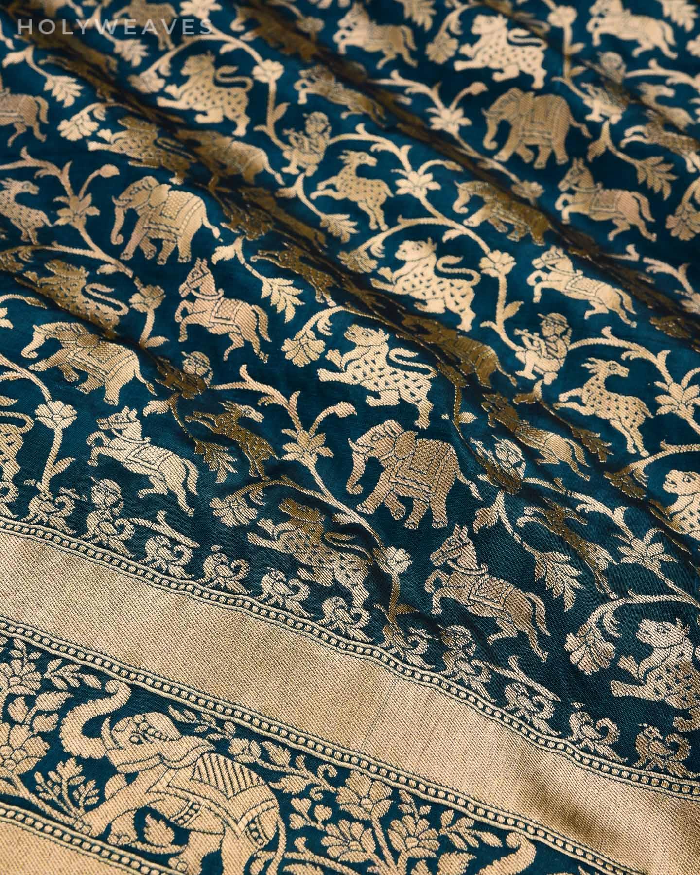 Teal Blue Banarasi Shikargah Cutwork Brocade Handwoven Katan Silk Saree - By HolyWeaves, Benares