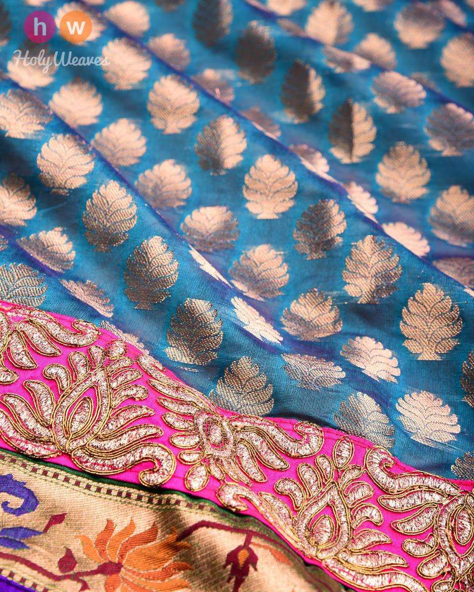 Teal Blue Hand-embroidered Art Silk Saree - By HolyWeaves, Benares