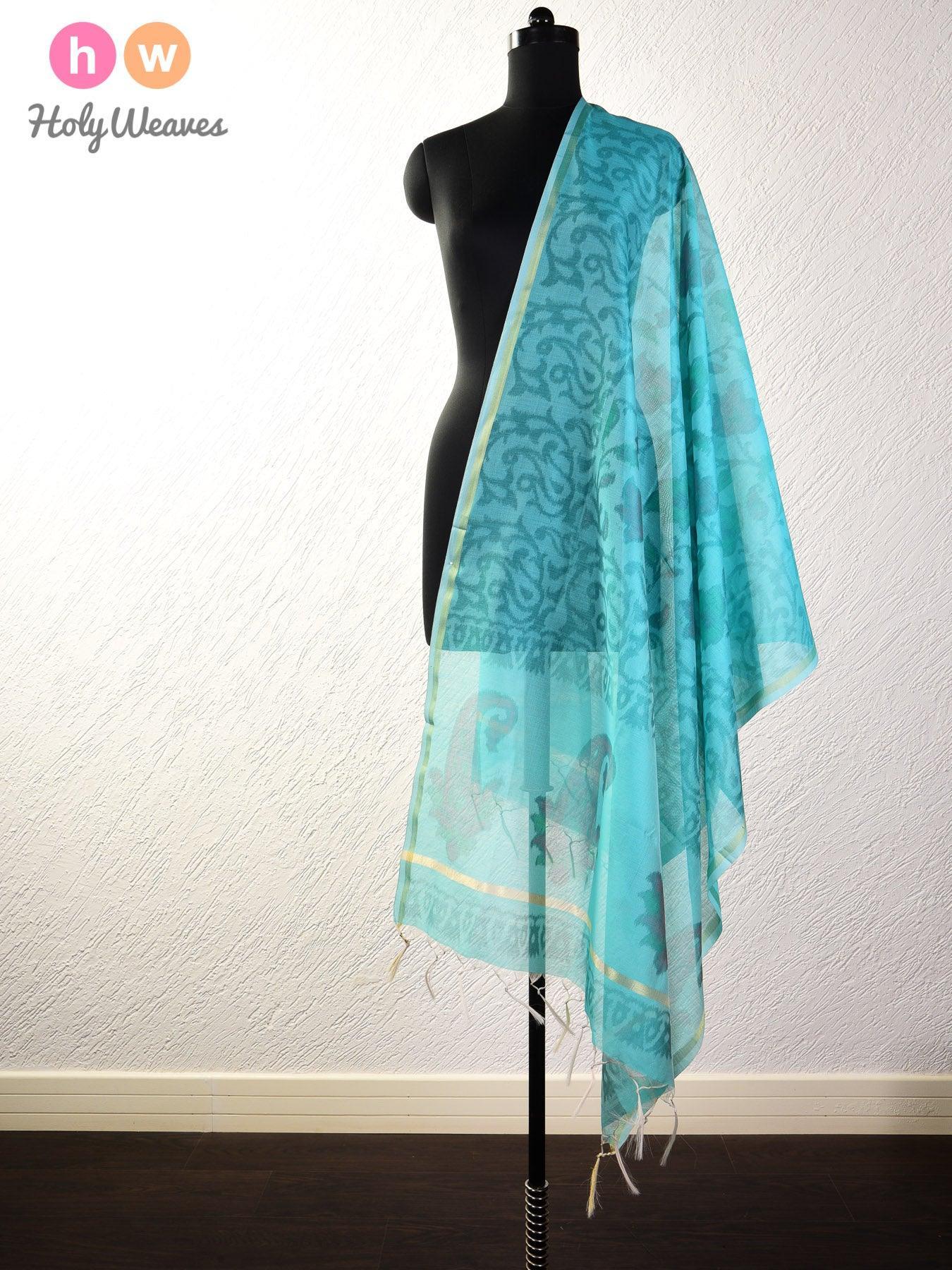 Teal Blue Ikat Woven Cotton Silk Dupatta - By HolyWeaves, Benares