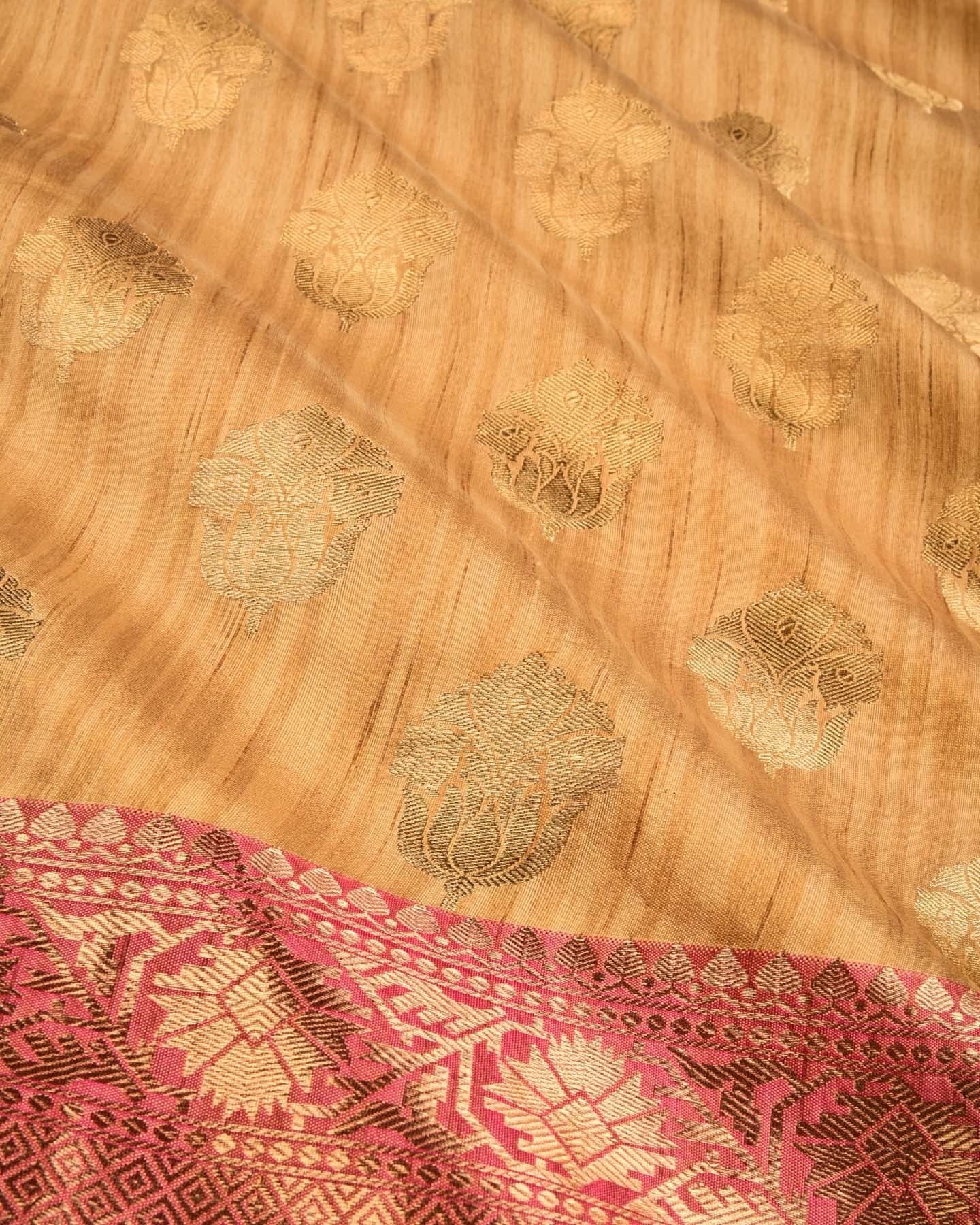 Textured Beige Banarasi Zari Buti Cutwork Brocade Woven Art Tasar Silk Saree with Pink Border Palllu - By HolyWeaves, Benares