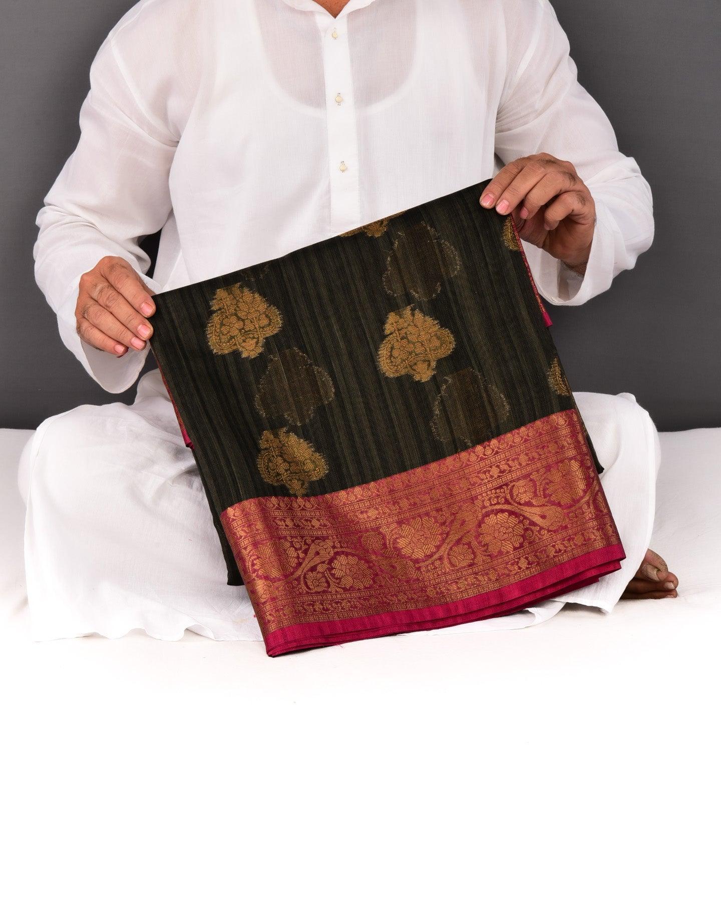 Textured Black Banarasi Antique Zari Buta Cutwork Brocade Woven Cotton Silk Saree - By HolyWeaves, Benares