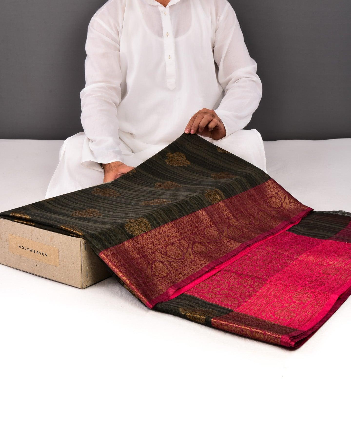 Textured Black Banarasi Antique Zari Buta Cutwork Brocade Woven Cotton Silk Saree - By HolyWeaves, Benares
