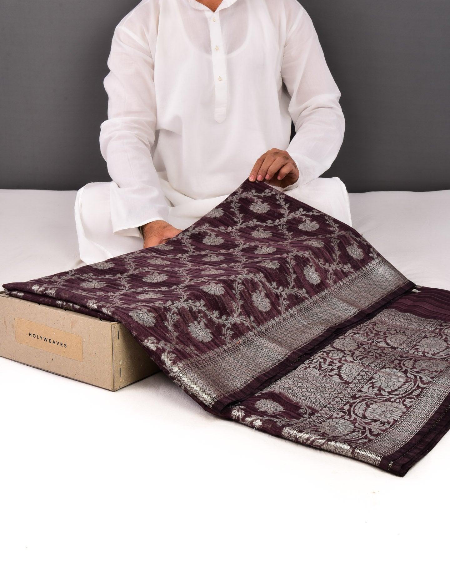 Textured Black Coffee Brown Banarasi Silver Zari Jaal Cutwork Brocade Woven Cotton Silk Saree - By HolyWeaves, Benares
