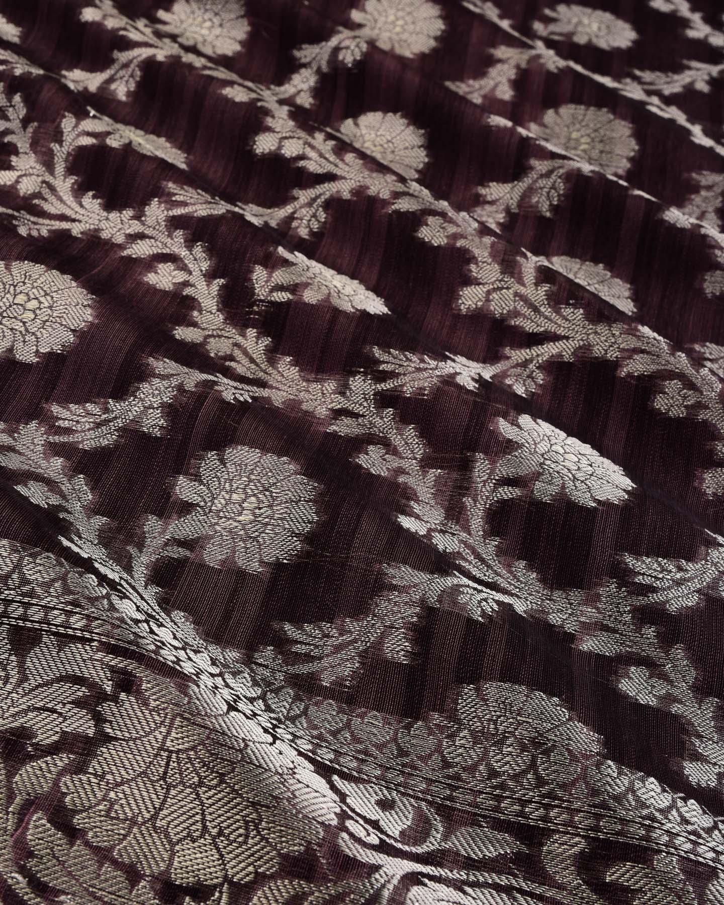 Textured Black Coffee Brown Banarasi Silver Zari Jaal Cutwork Brocade Woven Cotton Silk Saree - By HolyWeaves, Benares
