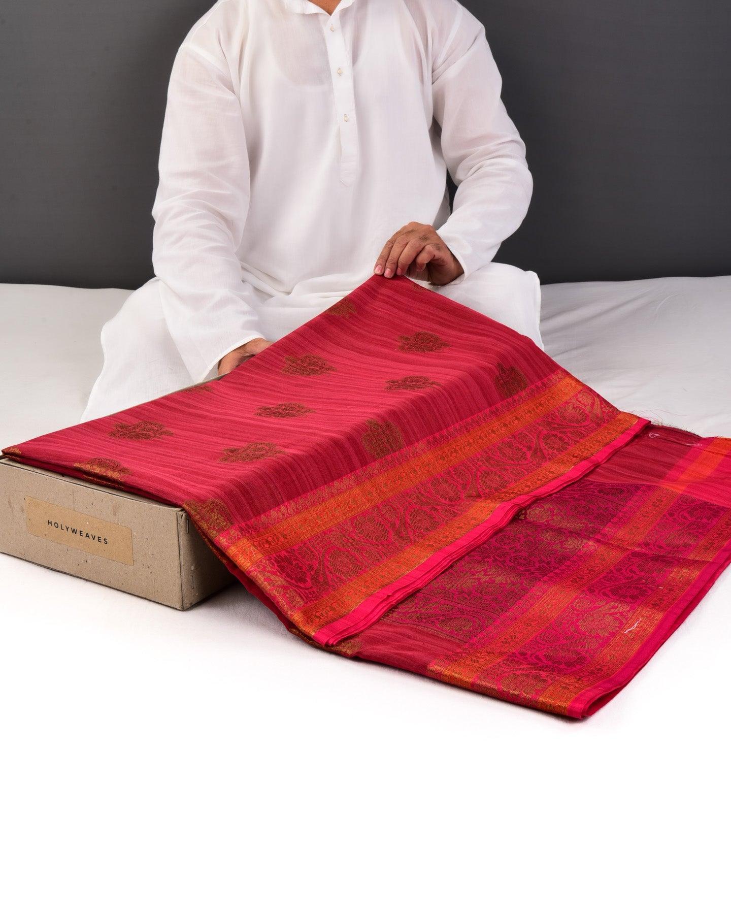 Textured Maroon Banarasi Antique Zari Buta Cutwork Brocade Woven Cotton Silk Saree - By HolyWeaves, Benares