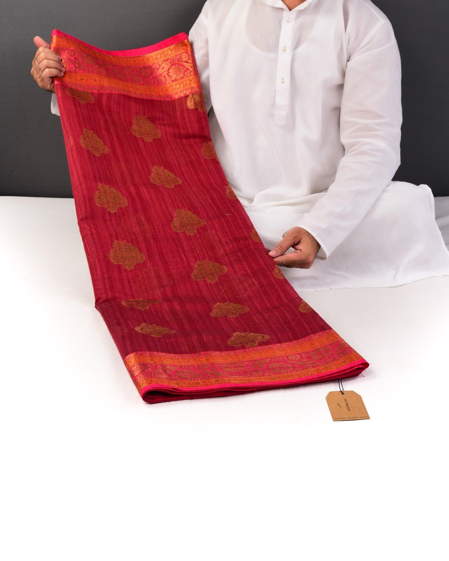 Textured Maroon Banarasi Antique Zari Buta Cutwork Brocade Woven Cotton Silk Saree - By HolyWeaves, Benares