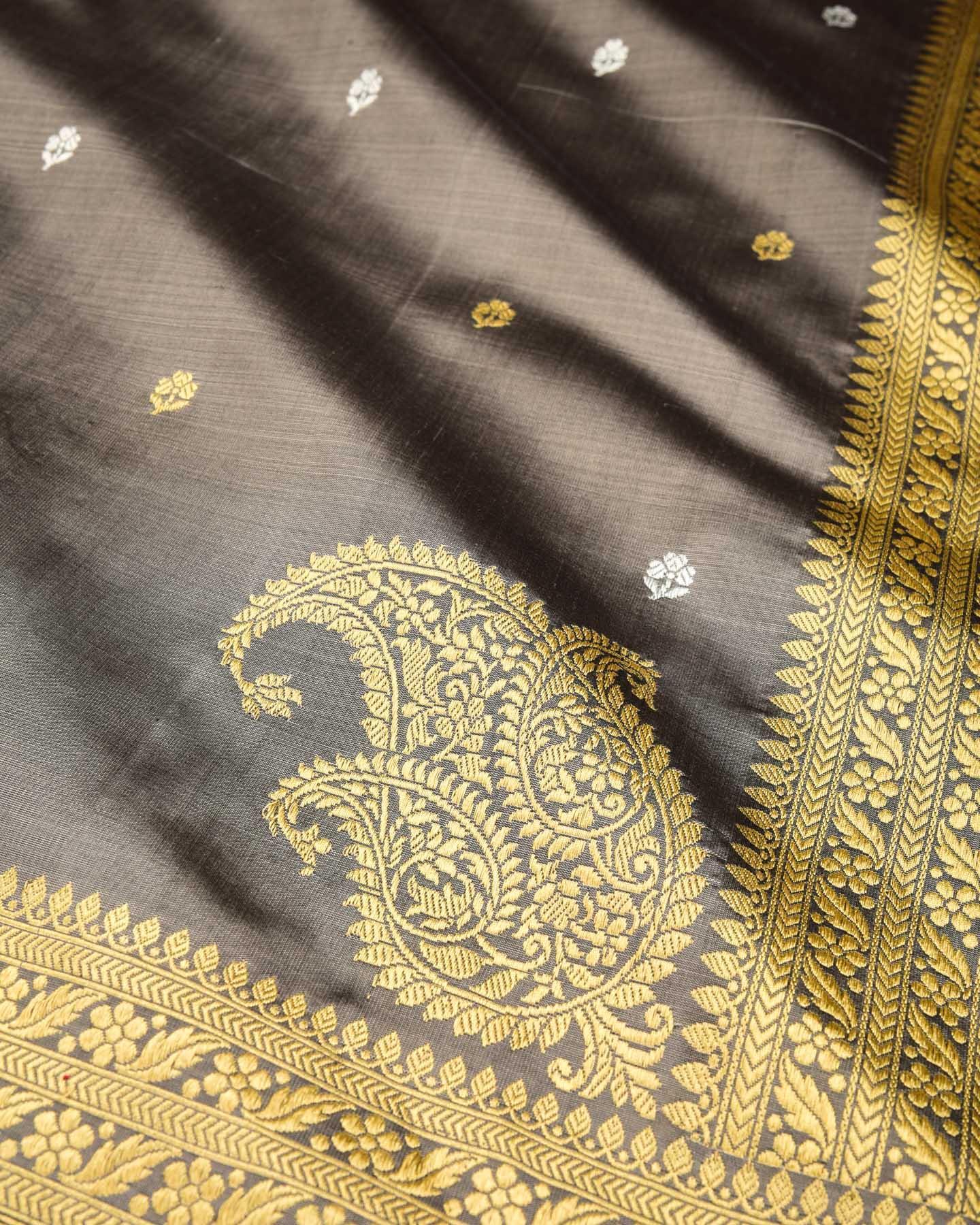 Textured Nickel Gray Banarasi Chhoti Buti Kadhuan Brocade Handwoven Katan Silk Saree - By HolyWeaves, Benares