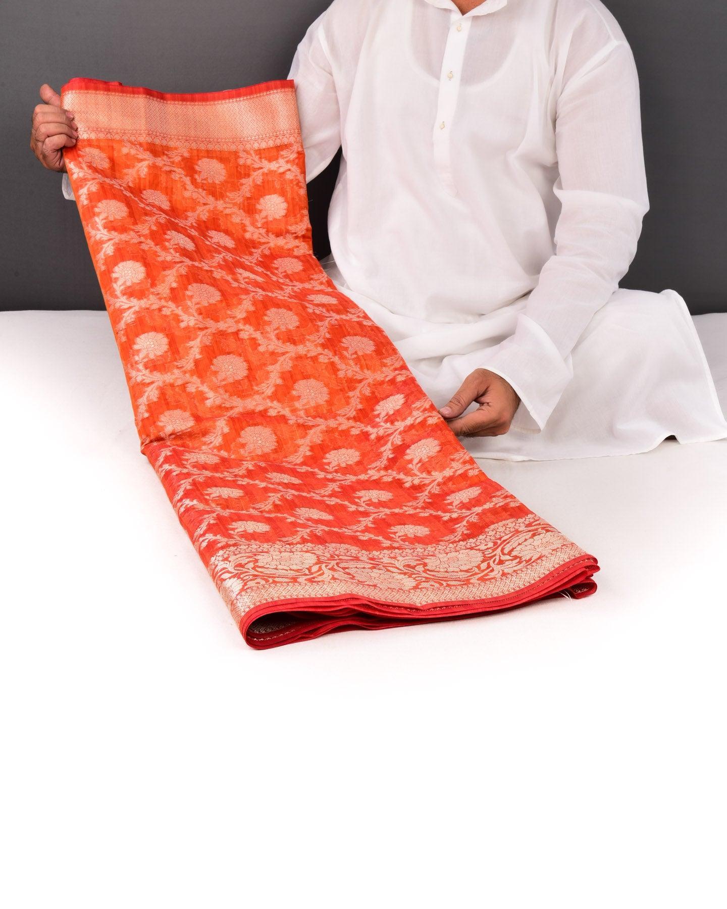 Textured Orange Banarasi Silver Zari Jaal Cutwork Brocade Woven Cotton Silk Saree - By HolyWeaves, Benares