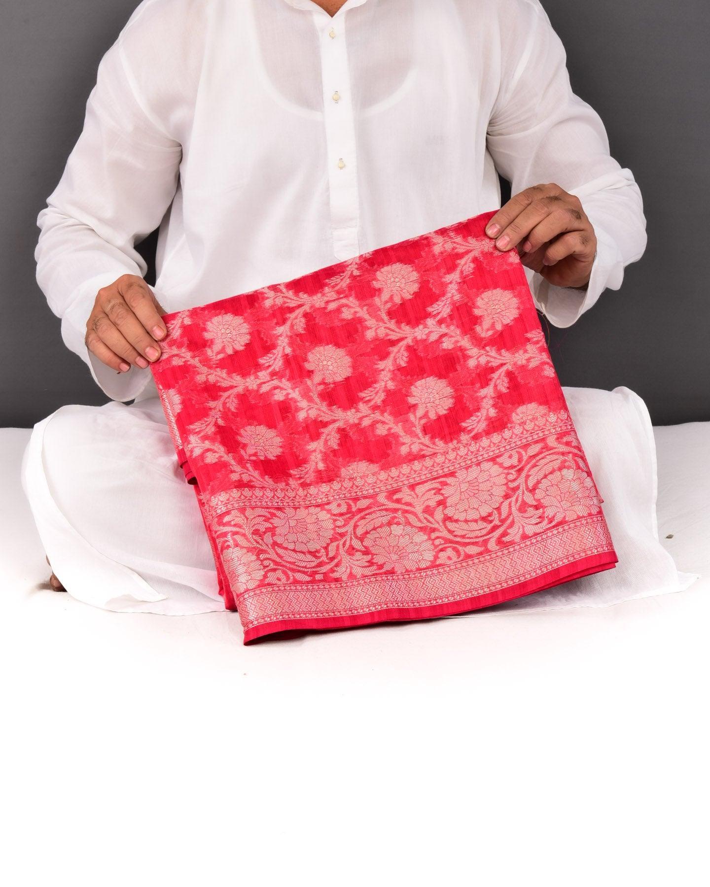 Textured Pink Banarasi Silver Zari Jaal Cutwork Brocade Woven Cotton Silk Saree - By HolyWeaves, Benares