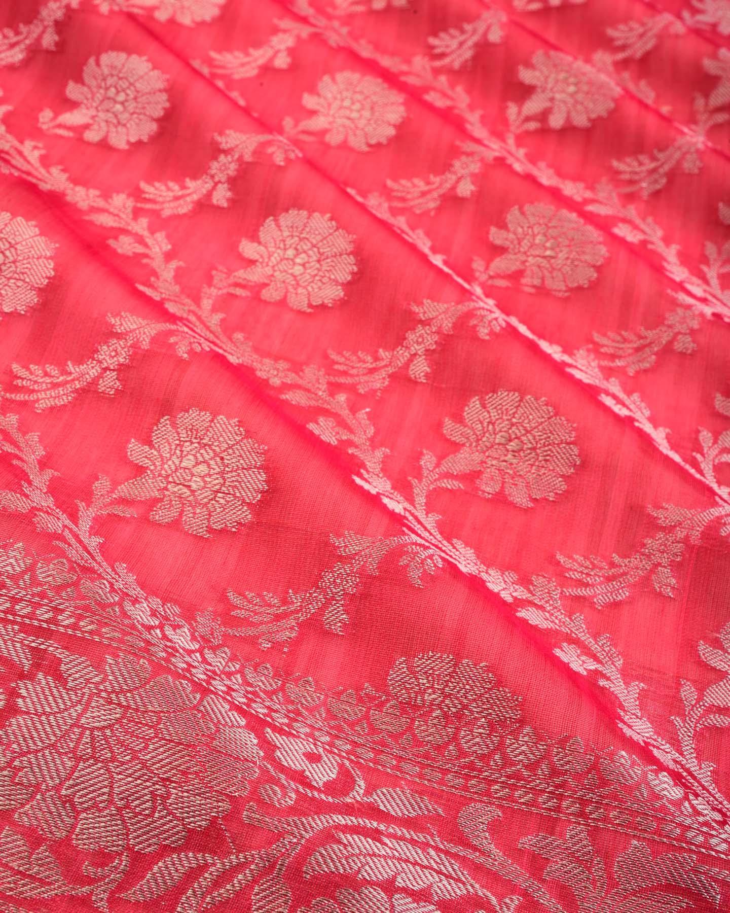 Textured Pink Banarasi Silver Zari Jaal Cutwork Brocade Woven Cotton Silk Saree - By HolyWeaves, Benares