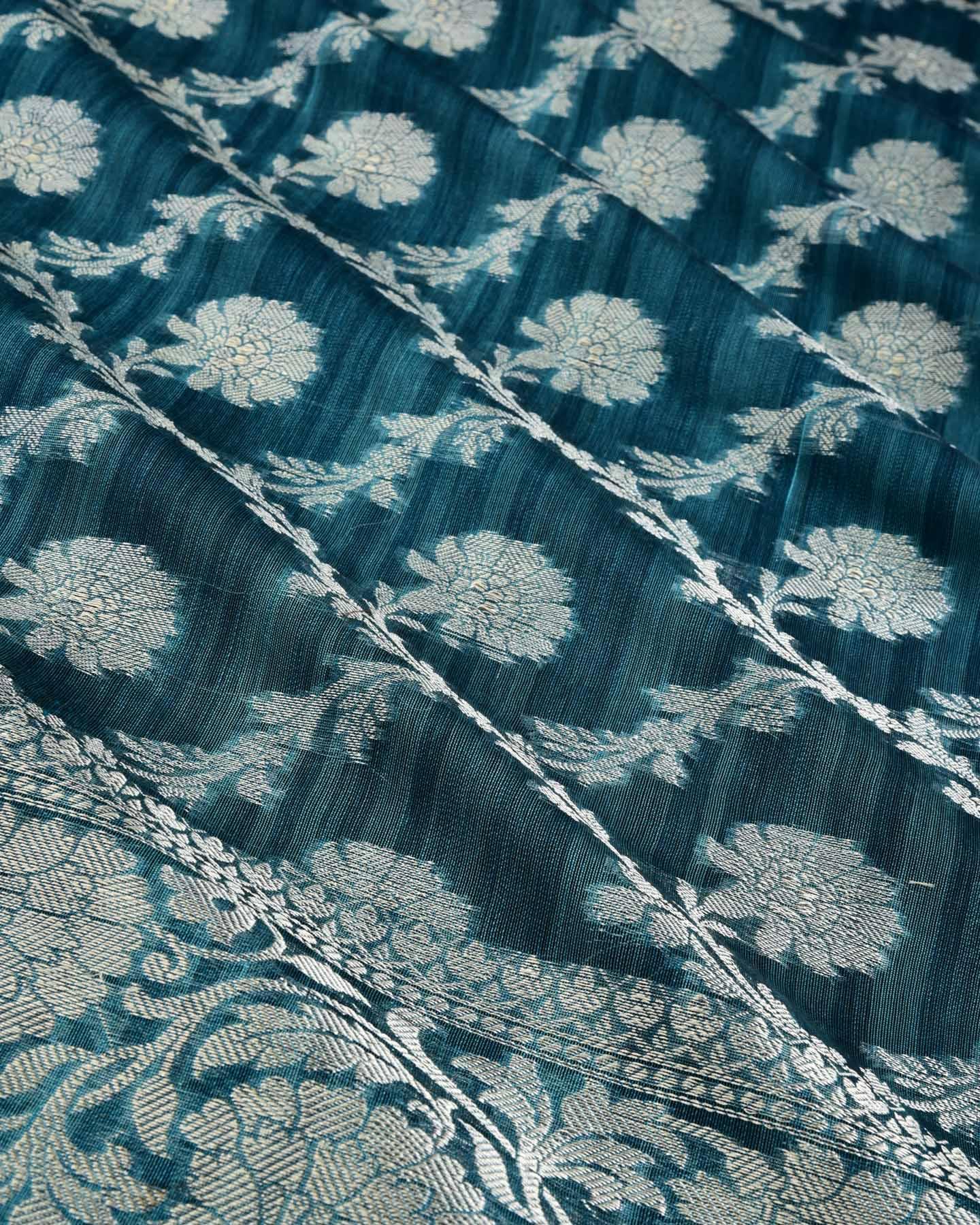 Textured Teal Blue Banarasi Silver Zari Jaal Cutwork Brocade Woven Cotton Silk Saree - By HolyWeaves, Benares