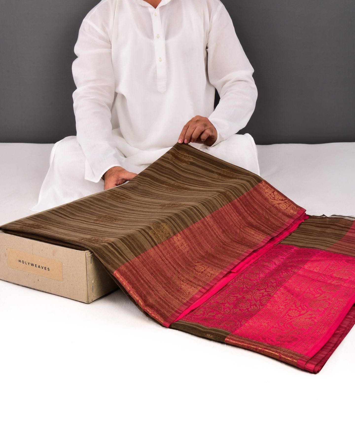 Textured Tuscan Brown Banarasi Antique Zari Buta Cutwork Brocade Woven Cotton Silk Saree - By HolyWeaves, Benares