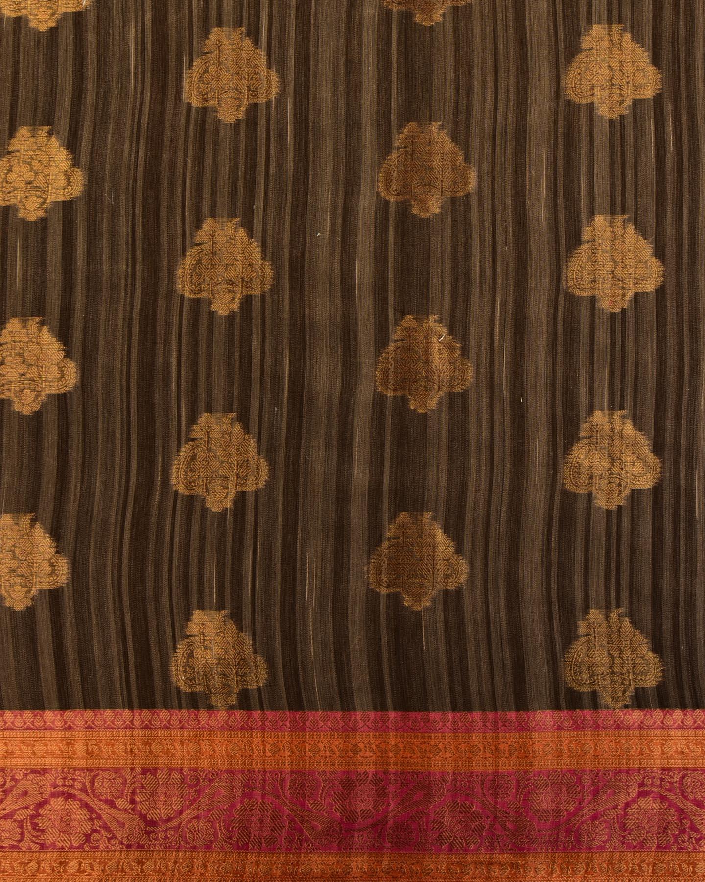 Textured Tuscan Brown Banarasi Antique Zari Buta Cutwork Brocade Woven Cotton Silk Saree - By HolyWeaves, Benares