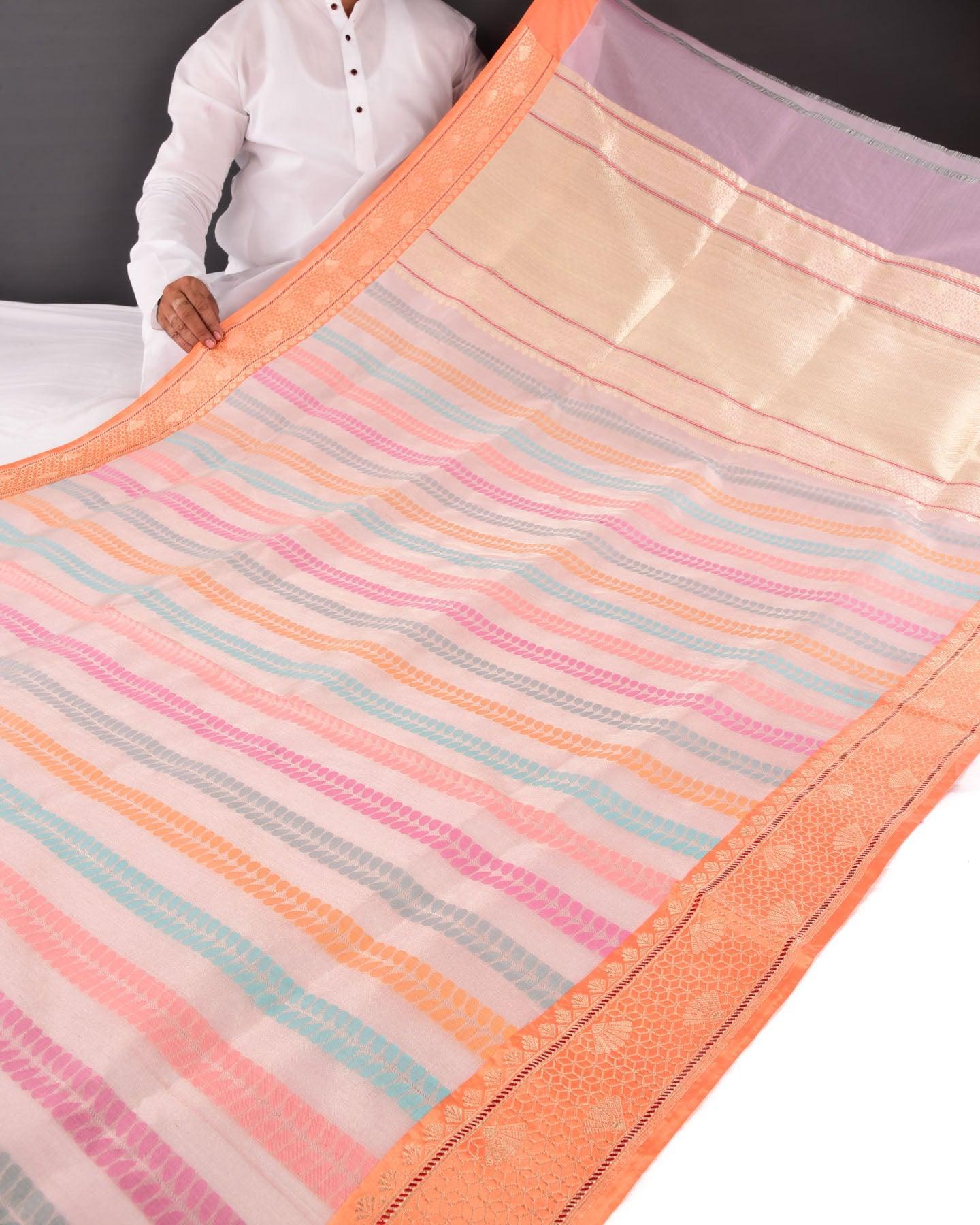 Thistle Pink Banarasi Zari Multi Leaf Stripes Kadhuan Brocade Handwoven Kora Tissue Saree - By HolyWeaves, Benares