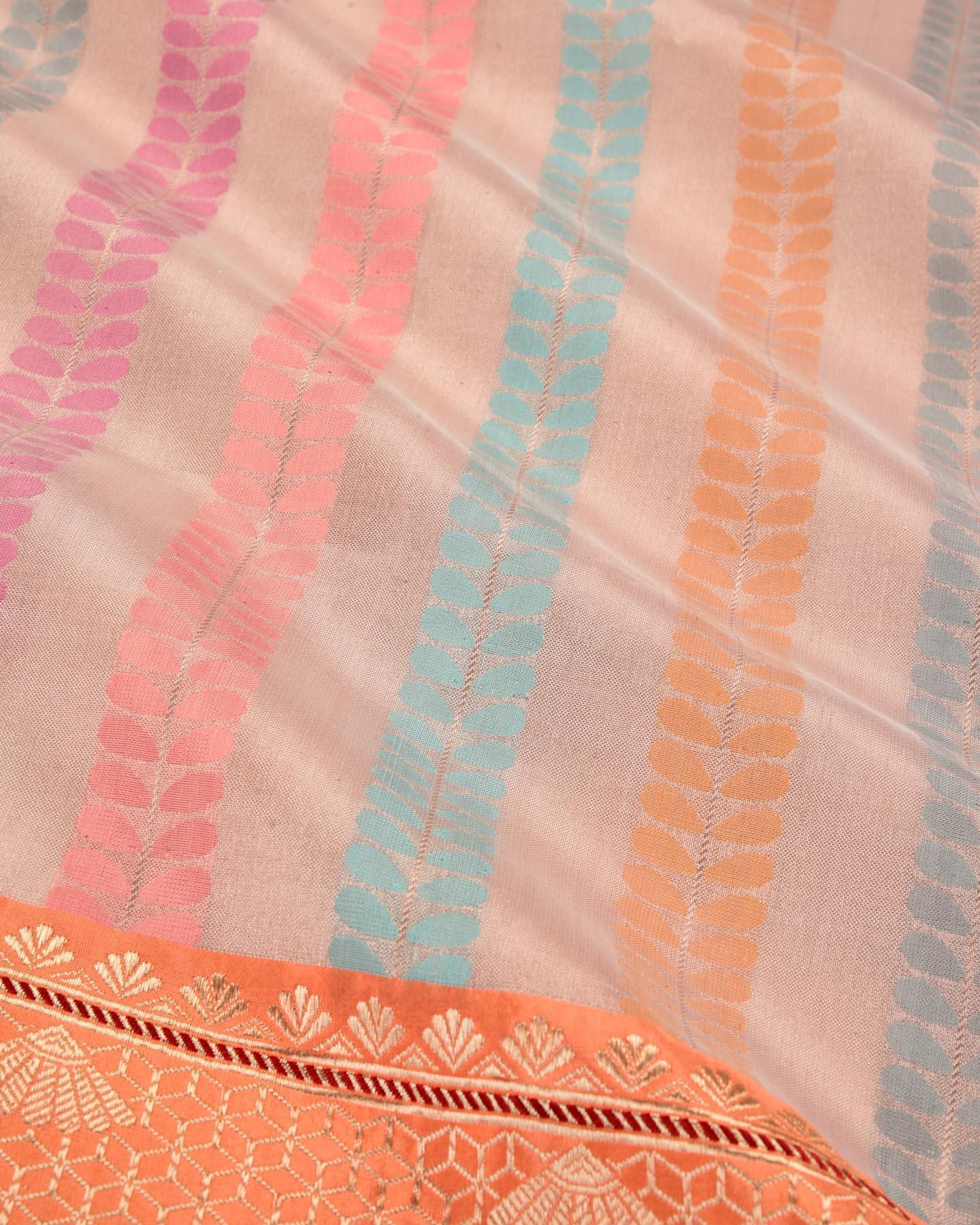 Thistle Pink Banarasi Zari Multi Leaf Stripes Kadhuan Brocade Handwoven Kora Tissue Saree - By HolyWeaves, Benares