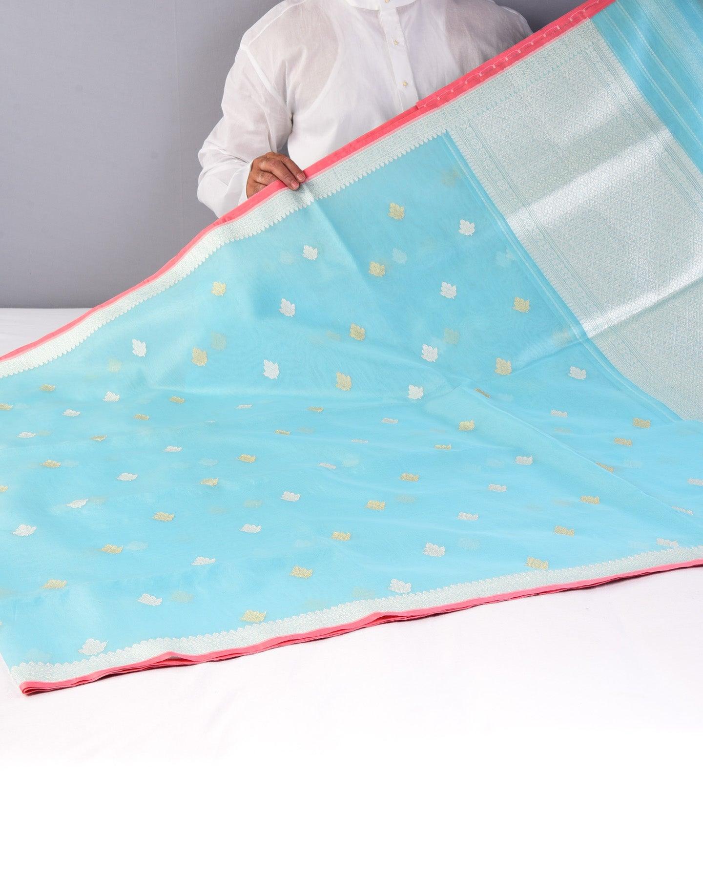 Tiffany Blue Banarasi Buti Sona Rupa Kadhuan Brocade Handwoven Kora Silk Saree - By HolyWeaves, Benares