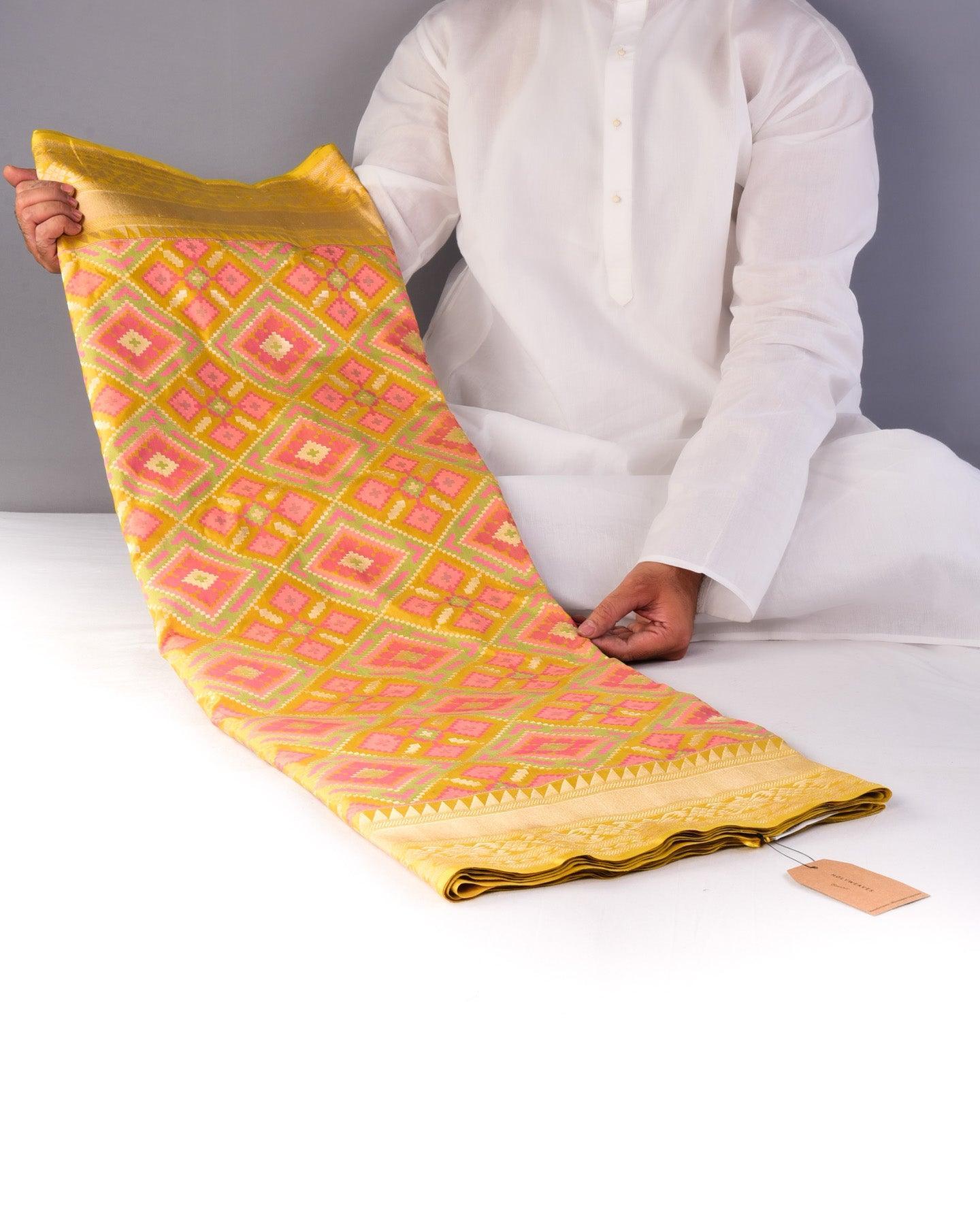 Trombone Yellow Banarasi Patola Panchehra Meena Cutwork Brocade Handwoven Katan Silk Saree - By HolyWeaves, Benares