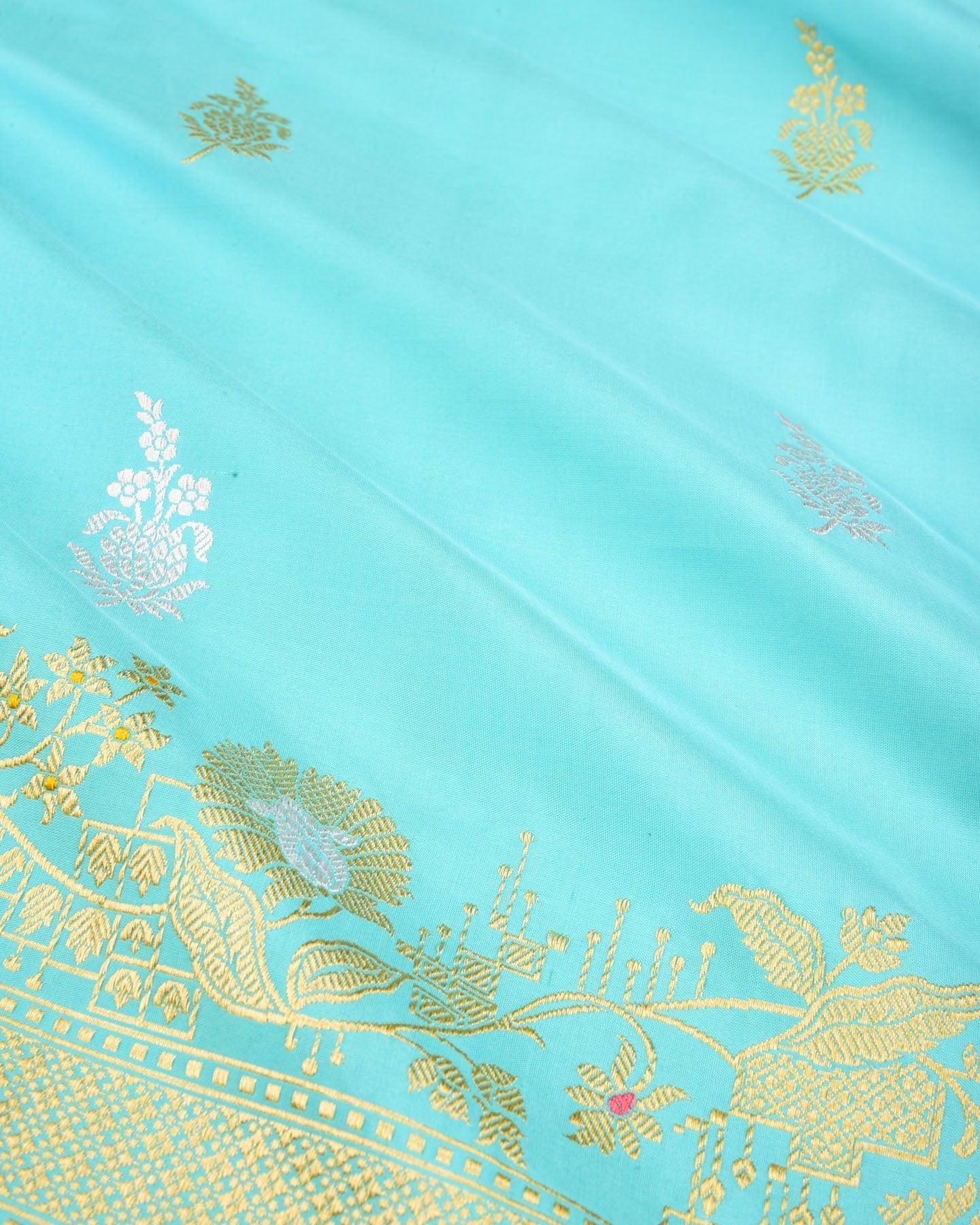 Turquoise Blue Banarasi Sona Rupa Buti Kadhuan Brocade Handwoven Katan Silk Saree with Meenekari Border - By HolyWeaves, Benares