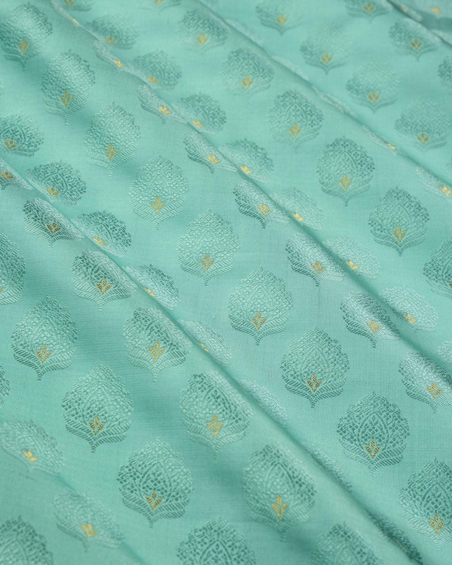 Turquoise Blue Banarasi Tanchoi Brocade Handwoven Katan Silk Fabric - By HolyWeaves, Benares