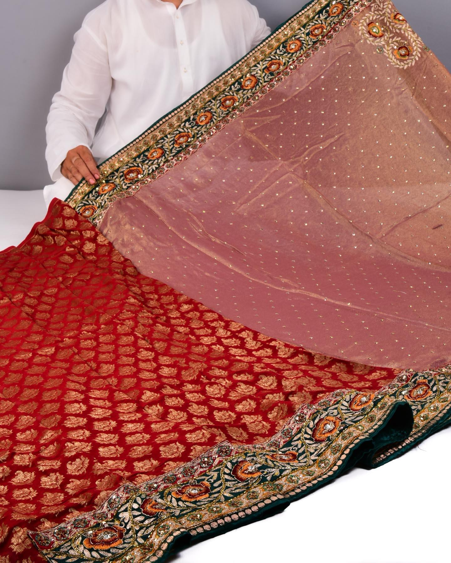 Tuscan Brown-Red Half-n-half Hand-embroidered Georgette Saree - By HolyWeaves, Benares
