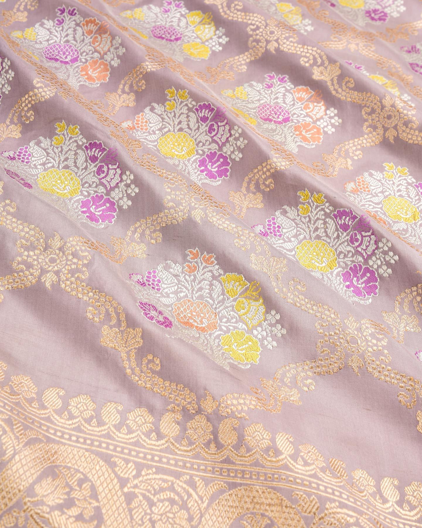 Tuscany Peach Banarasi Gold & Silver Zari Alfi Floral Jaal Kadhuan Brocade Handwoven Katan Silk Saree - By HolyWeaves, Benares