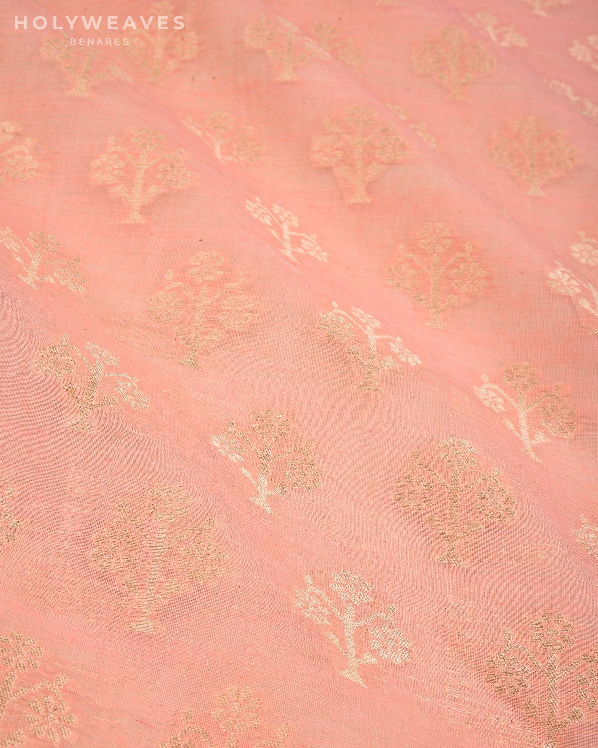 Tuscany Peach Banarasi Gold Zari Buti Cutwork Brocade Handwoven Cotton Silk Fabric - By HolyWeaves, Benares
