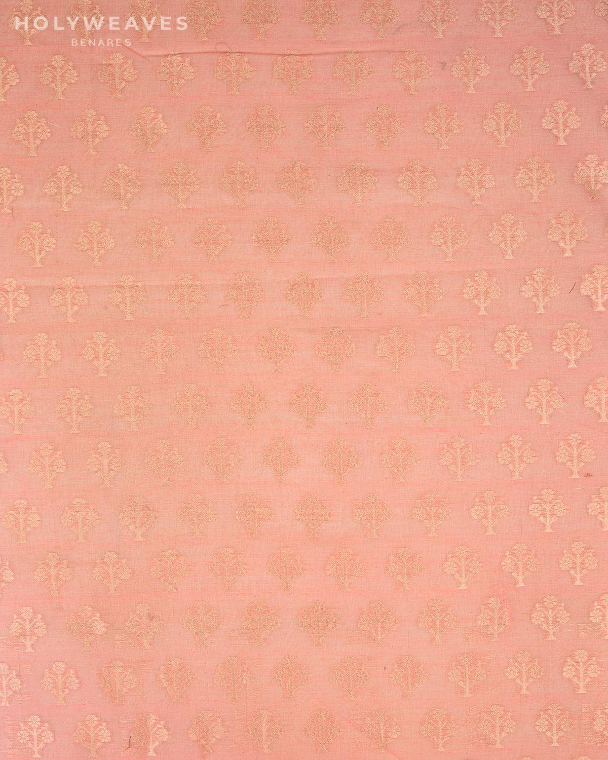 Tuscany Peach Banarasi Gold Zari Buti Cutwork Brocade Handwoven Cotton Silk Fabric - By HolyWeaves, Benares